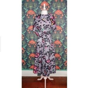 Buru Purple Pink Abstract Whimsical Print Cotton Peter Pan Collar Midi Dress